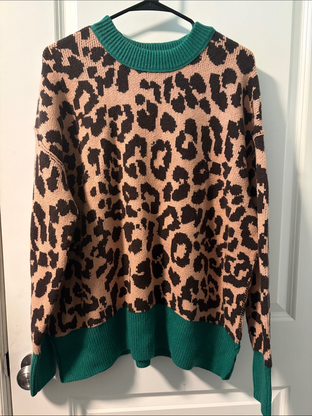aerie Tan and Dark Brown Leopard Crewneck Sweater with Green Trim